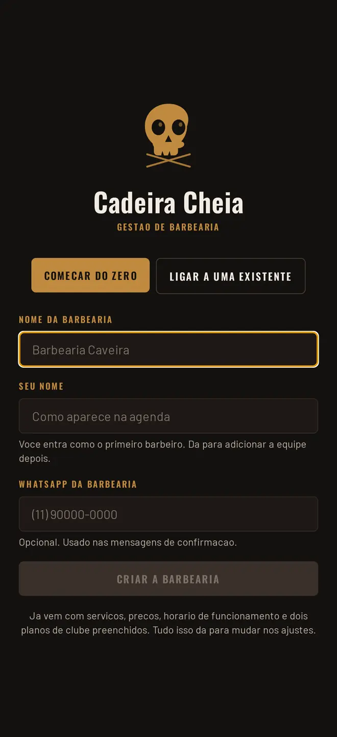 Tela de primeira abertura do Cadeira Cheia, com o nome da barbearia
