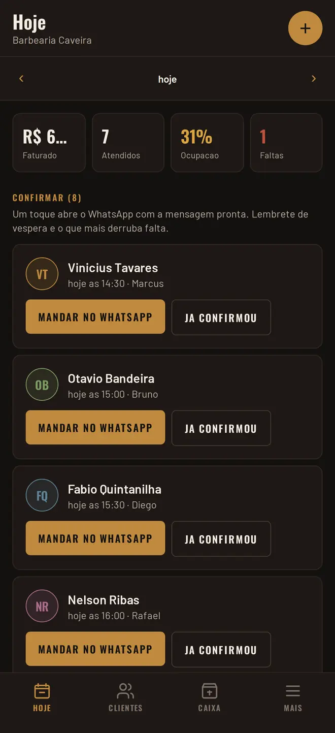 Tela Hoje do aplicativo, com os números do dia e a lista de confirmação