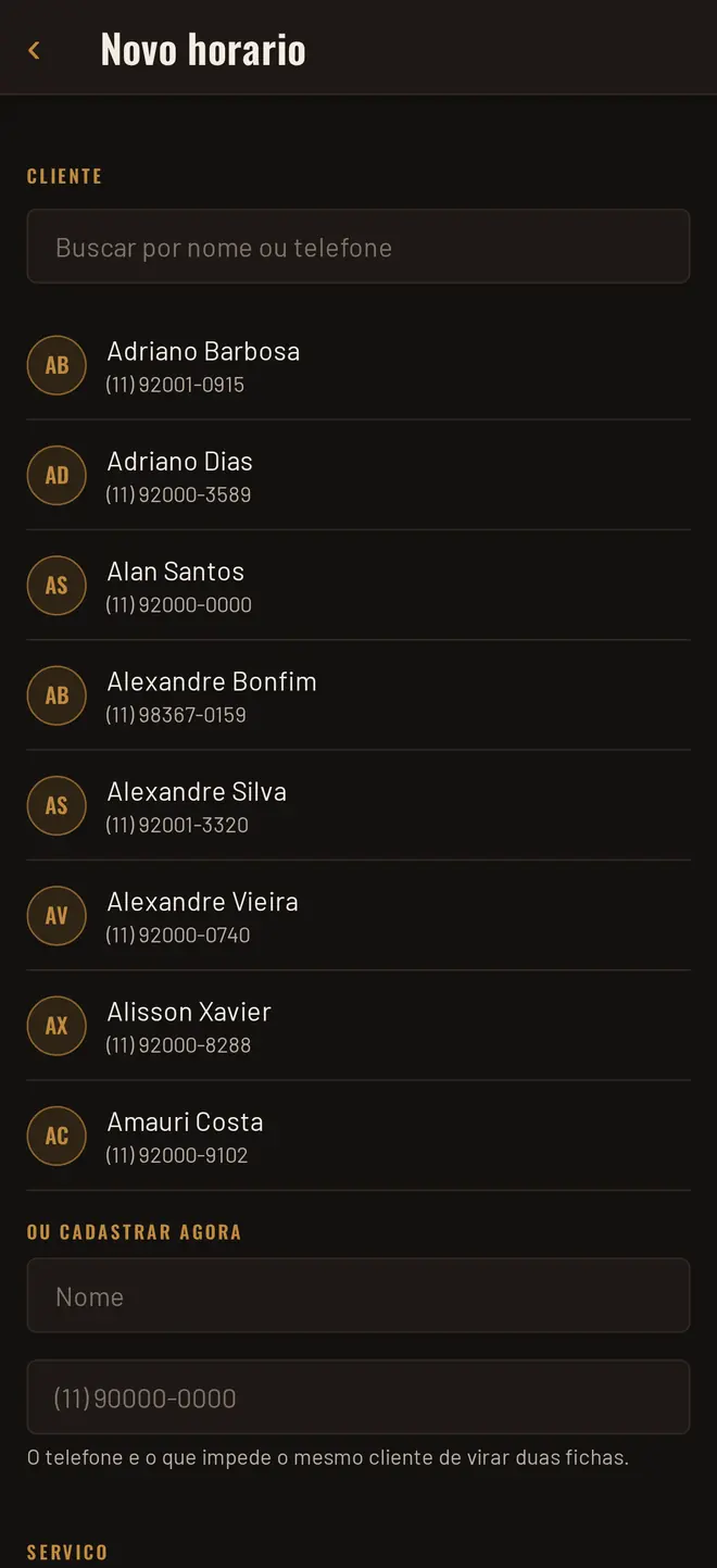 Tela de novo horário, com a busca de cliente e a lista da ficha