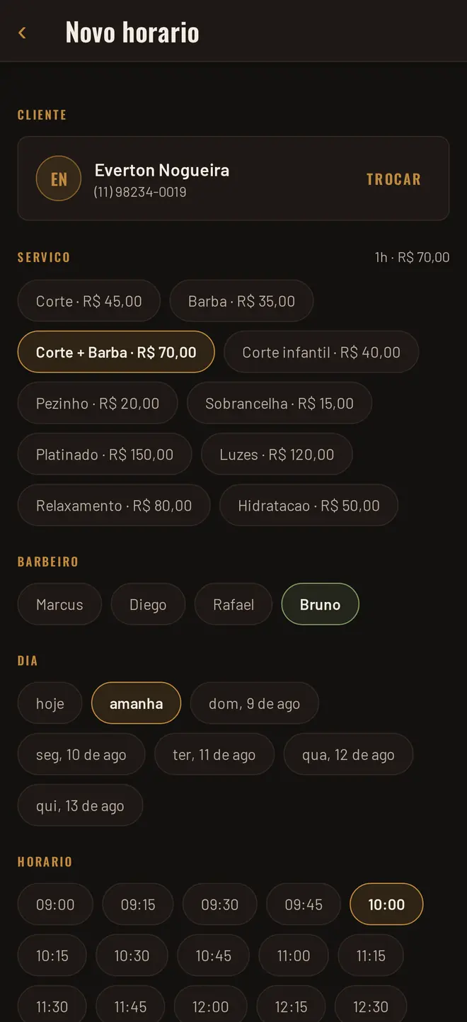 Serviço e barbeiro escolhidos na tela de novo horário