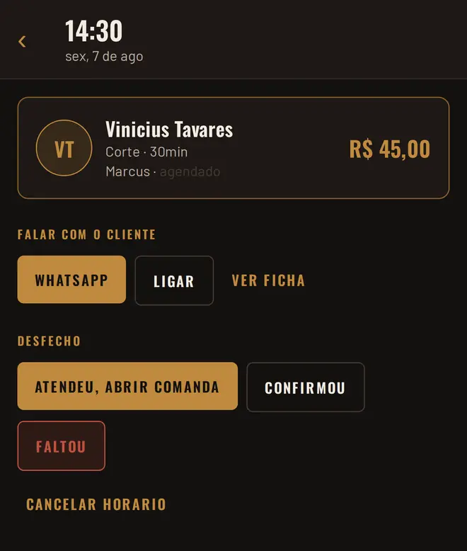 Ficha de um horário marcado, com os botões de desfecho