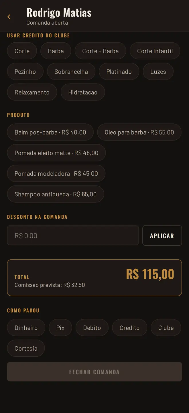 Fim da comanda, com desconto, total, comissão prevista e forma de pagamento