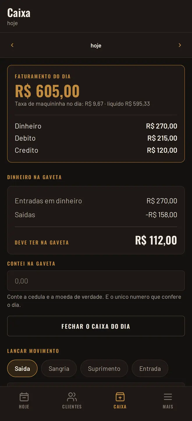 Tela de caixa, com faturamento do dia e conferência da gaveta