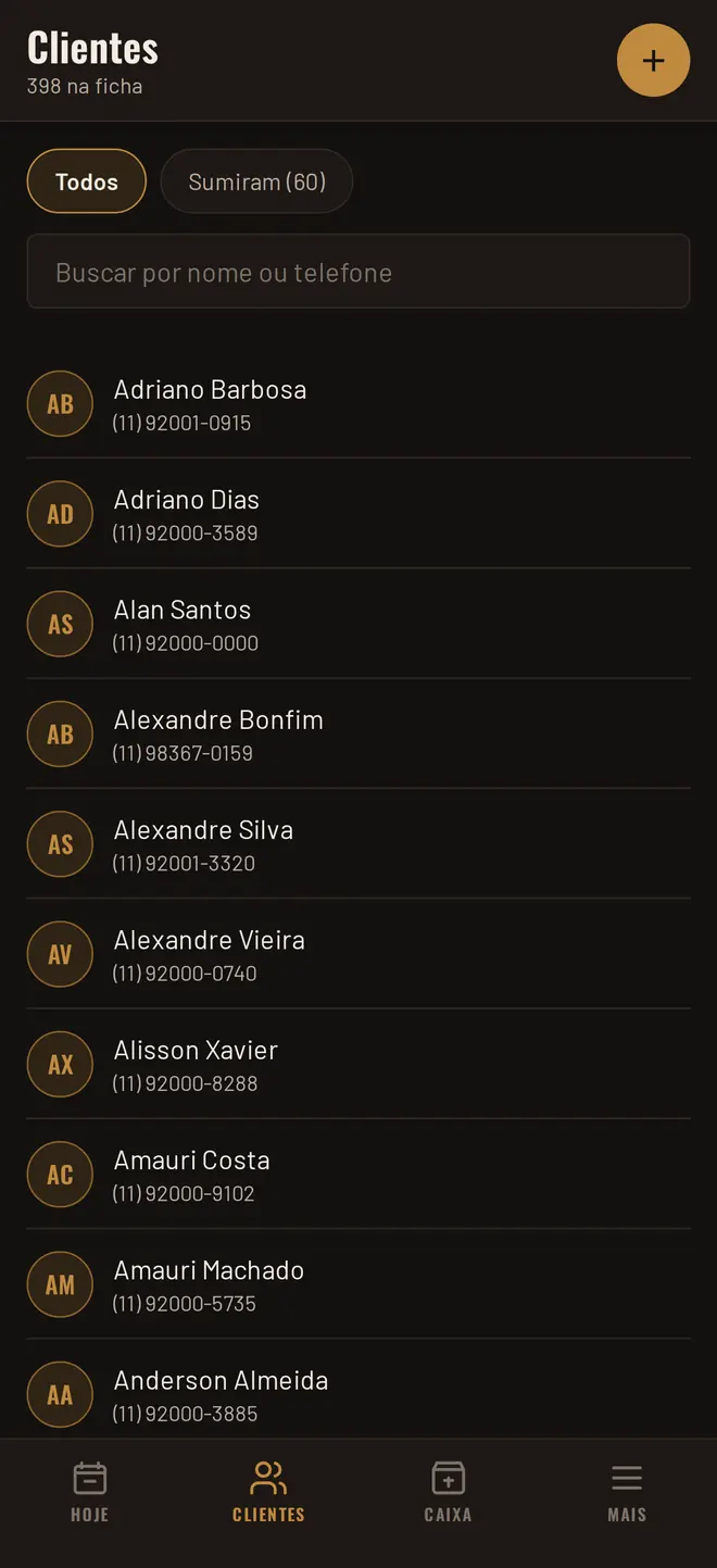 Lista de clientes da barbearia, com o filtro de quem sumiu
