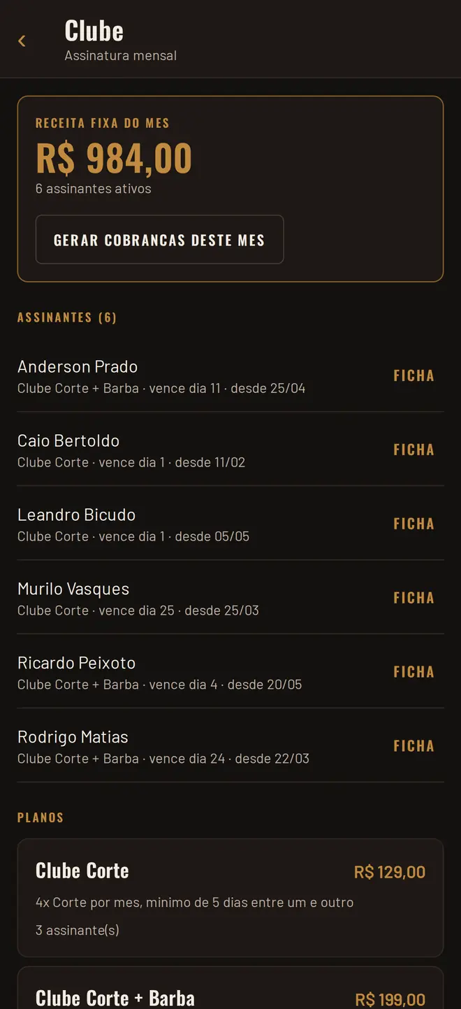 Tela do clube de assinatura, com receita fixa e lista de assinantes