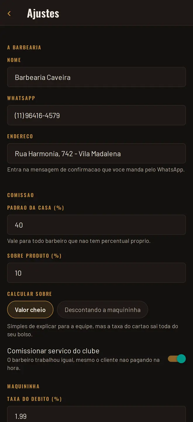 Ajustes da barbearia, com comissão e taxa de maquininha